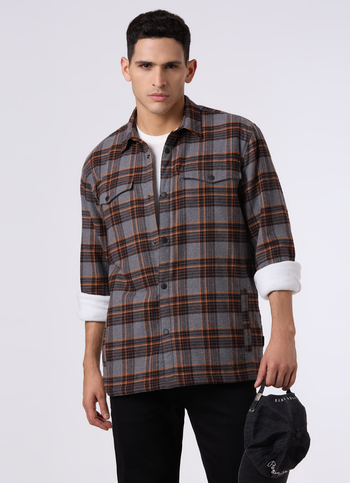 Men Oversized Grey Checked Shacket