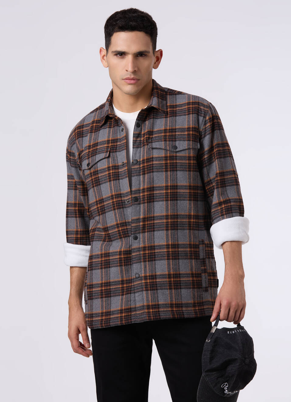 Men Oversized Grey Checked Shacket, , large image number 0