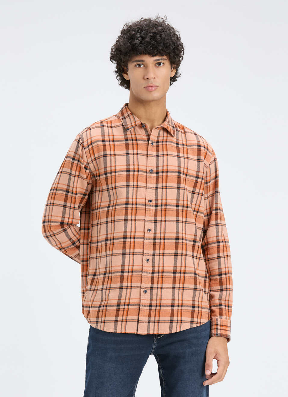 Men Orange Blotch Check Full Sleeve Shirt, , large image number 1