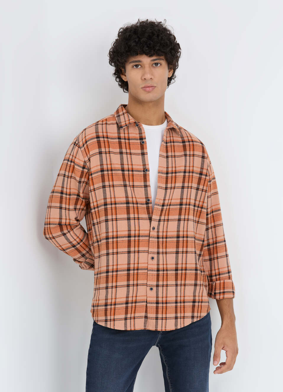 Men Orange Blotch Check Full Sleeve Shirt, , large image number 0