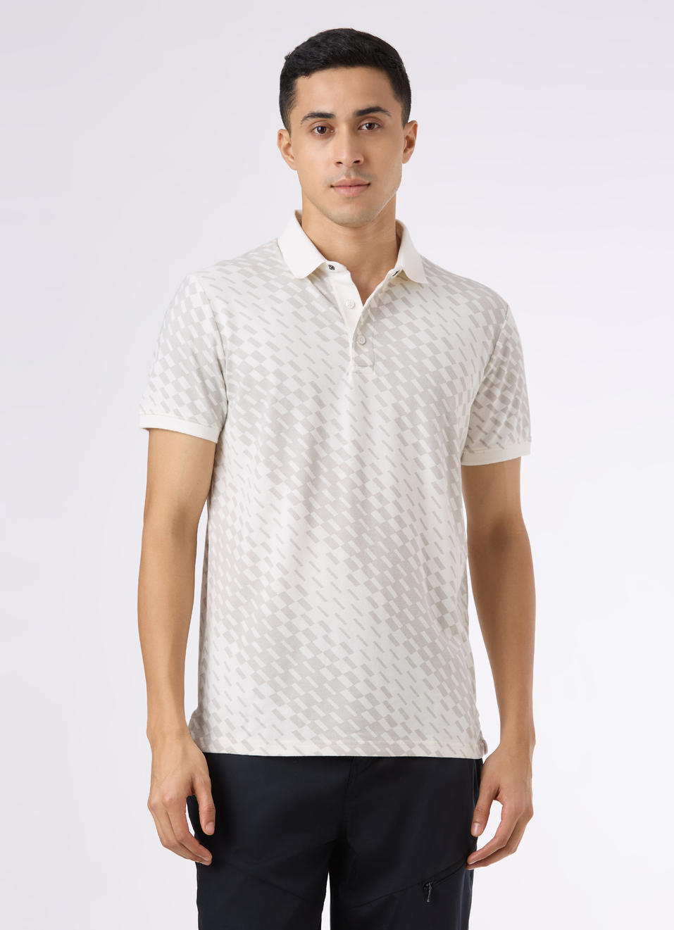 Men Ecru Abstract Print Short Sleeve Stretch Polo, , large image number 1