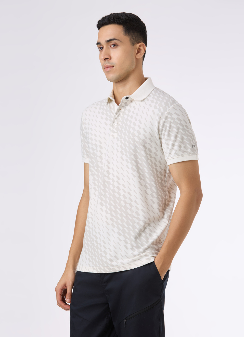 Men Ecru Abstract Print Short Sleeve Stretch Polo, , large image number 3