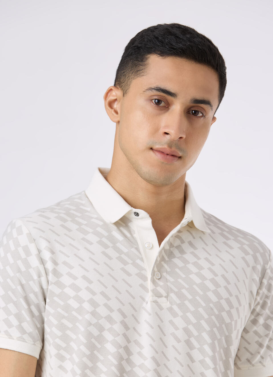 Men Ecru Abstract Print Short Sleeve Stretch Polo, , large image number 4