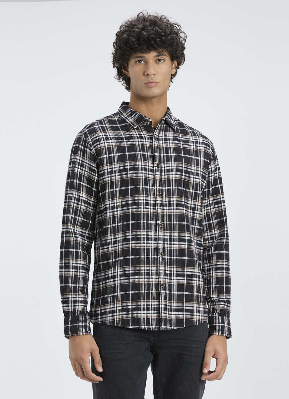 Men Black & White Flannel Check Full Sleeve Shirt, , large image number 1