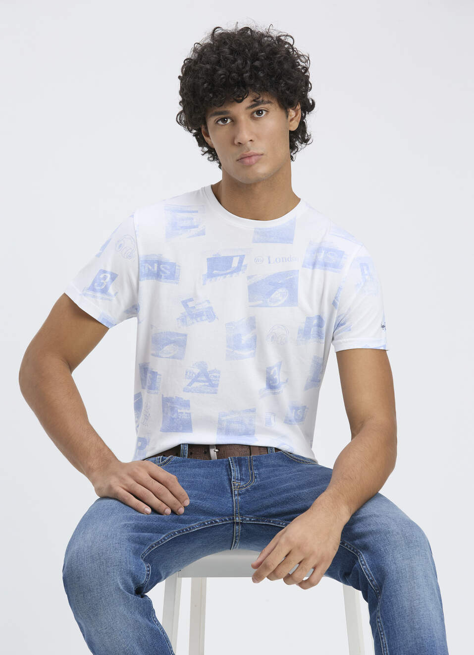 Men Sky Blue All Over Print Short Sleeve T-shirt, , large image number 0