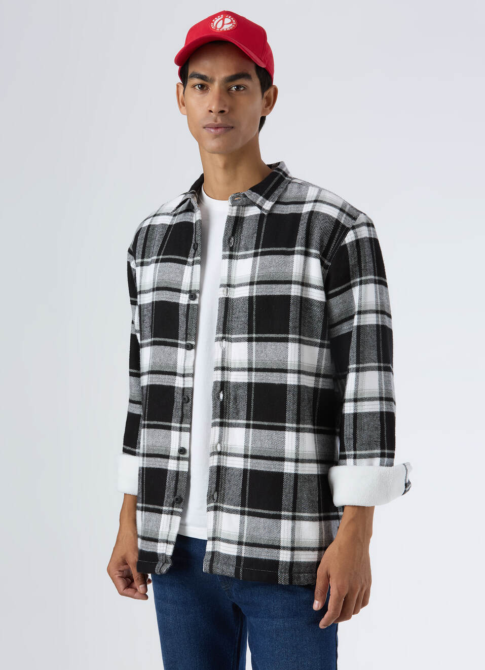 Men Black & White Oversized Check Full Sleeve Shirt, , large image number 0