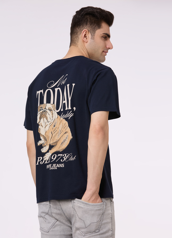 Men Navy Back Print Relaxed Fit Short Sleeve T-shirt