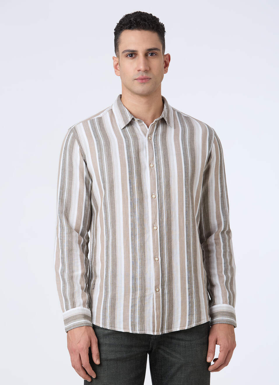 Men Olive Vertical Stripe Full Sleeve Shirt, , large image number 1