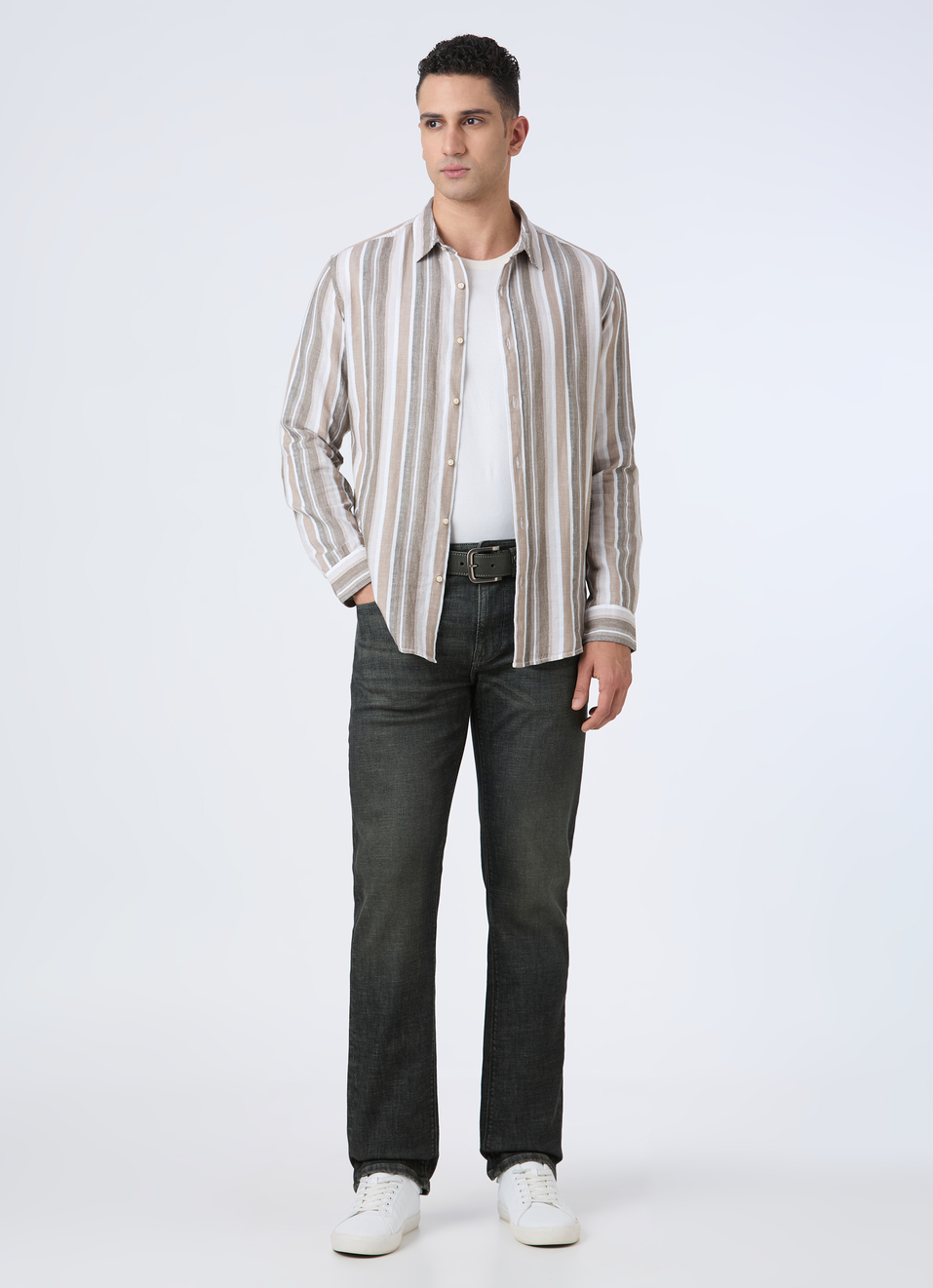 Men Olive Vertical Stripe Full Sleeve Shirt, , large image number 5