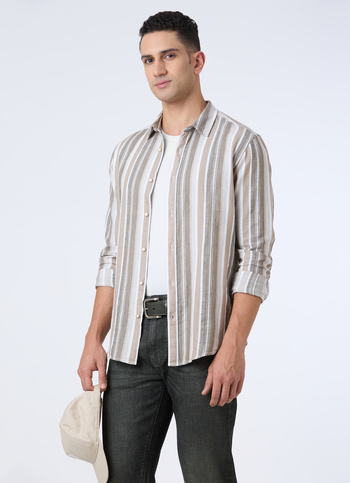 Men Olive Vertical Stripe Full Sleeve Shirt