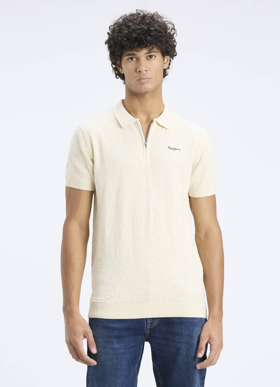 Men Off White Self Structure Short Sleeve Flat Knit  Polo, , large image number 1