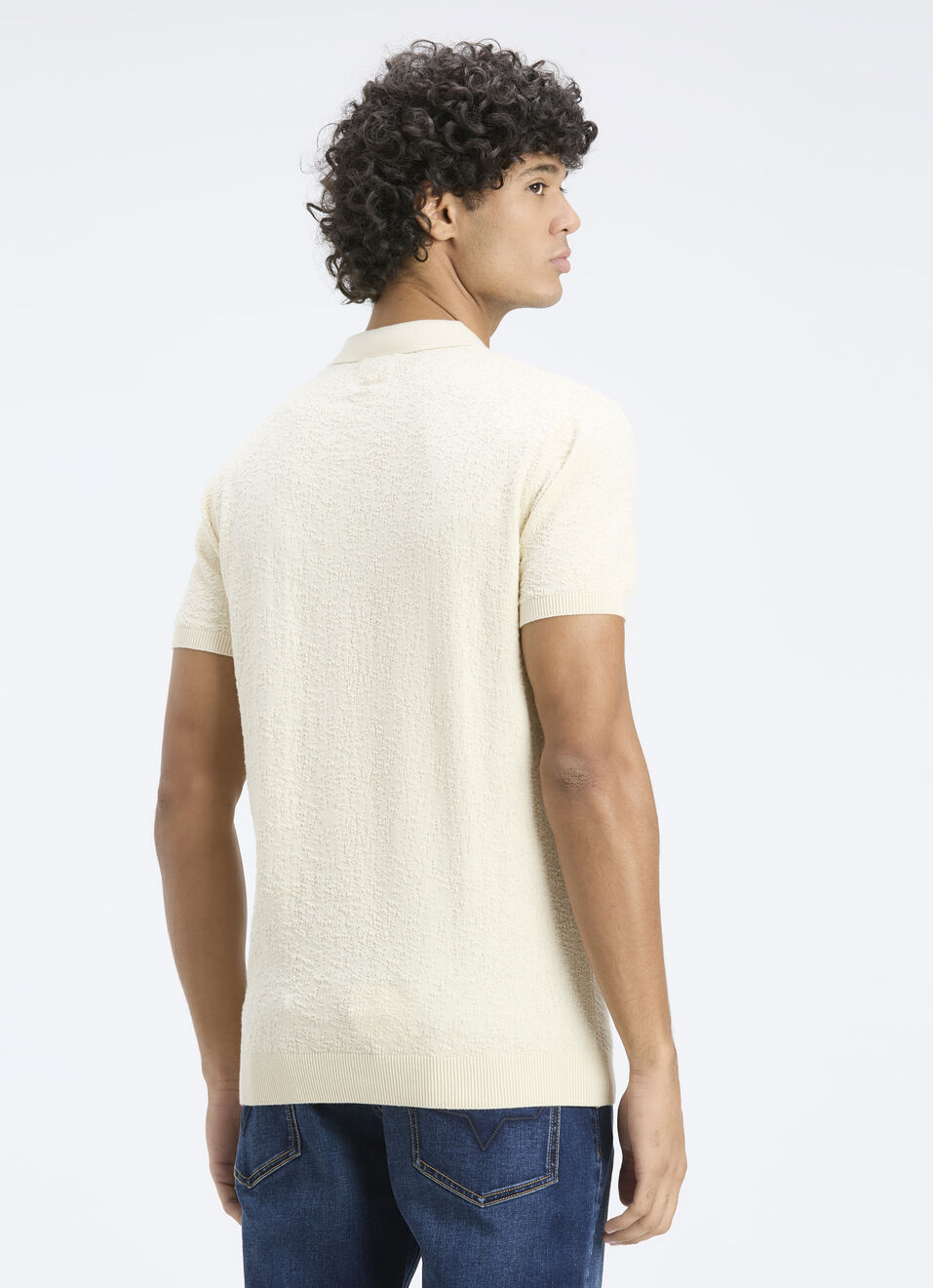 Men Off White Self Structure Short Sleeve Flat Knit  Polo, , large image number 2