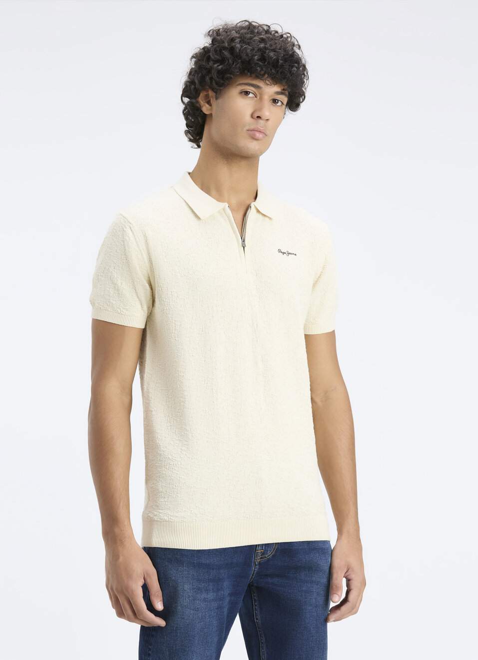 Men Off White Self Structure Short Sleeve Flat Knit  Polo, , large image number 3