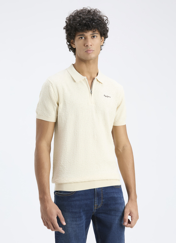 Men Off White Self Structure Short Sleeve Flat Knit  Polo