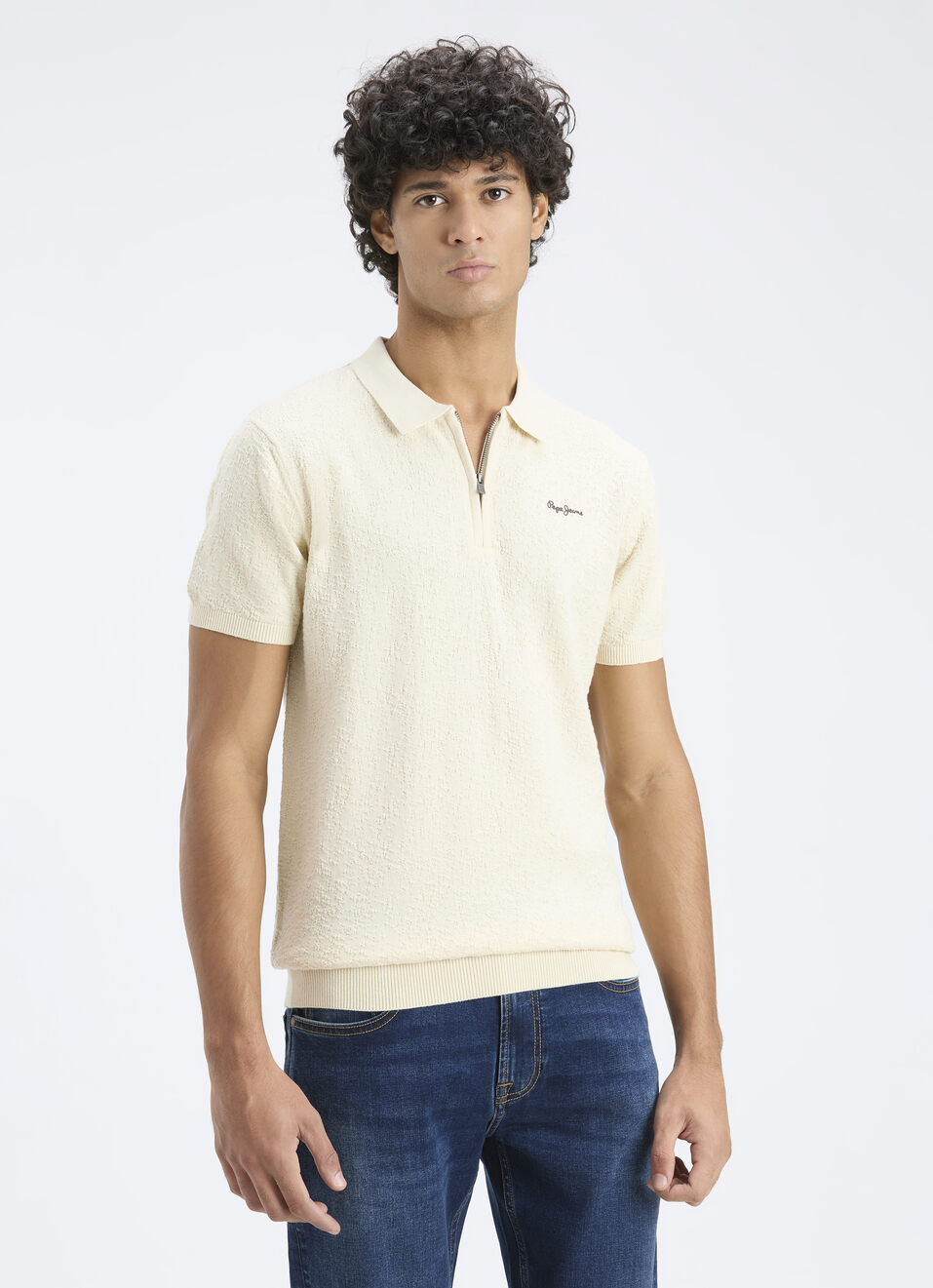 Men Off White Self Structure Short Sleeve Flat Knit  Polo, , large image number 0