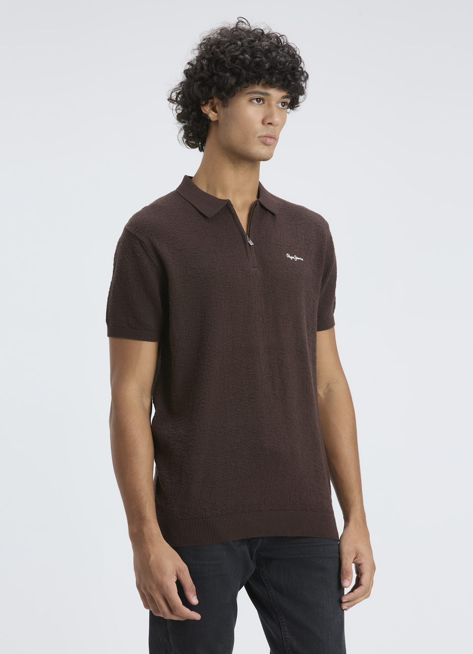 Men Brown Self Structure Short Sleeve Flat Knit Polo, , large image number 3
