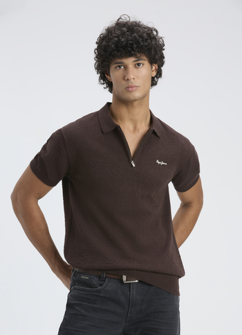 Men Brown Self Structure Short Sleeve Flat Knit Polo