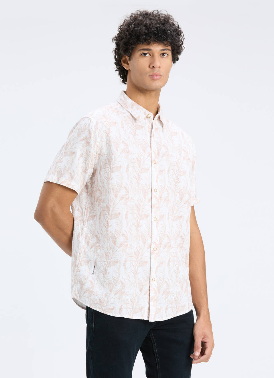 Men Peach Orange Botanical Print Short Sleeve Shirt, , large image number 3