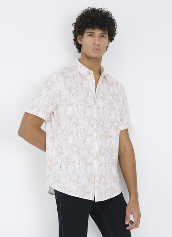 Men Peach Orange Botanical Print Short Sleeve Shirt