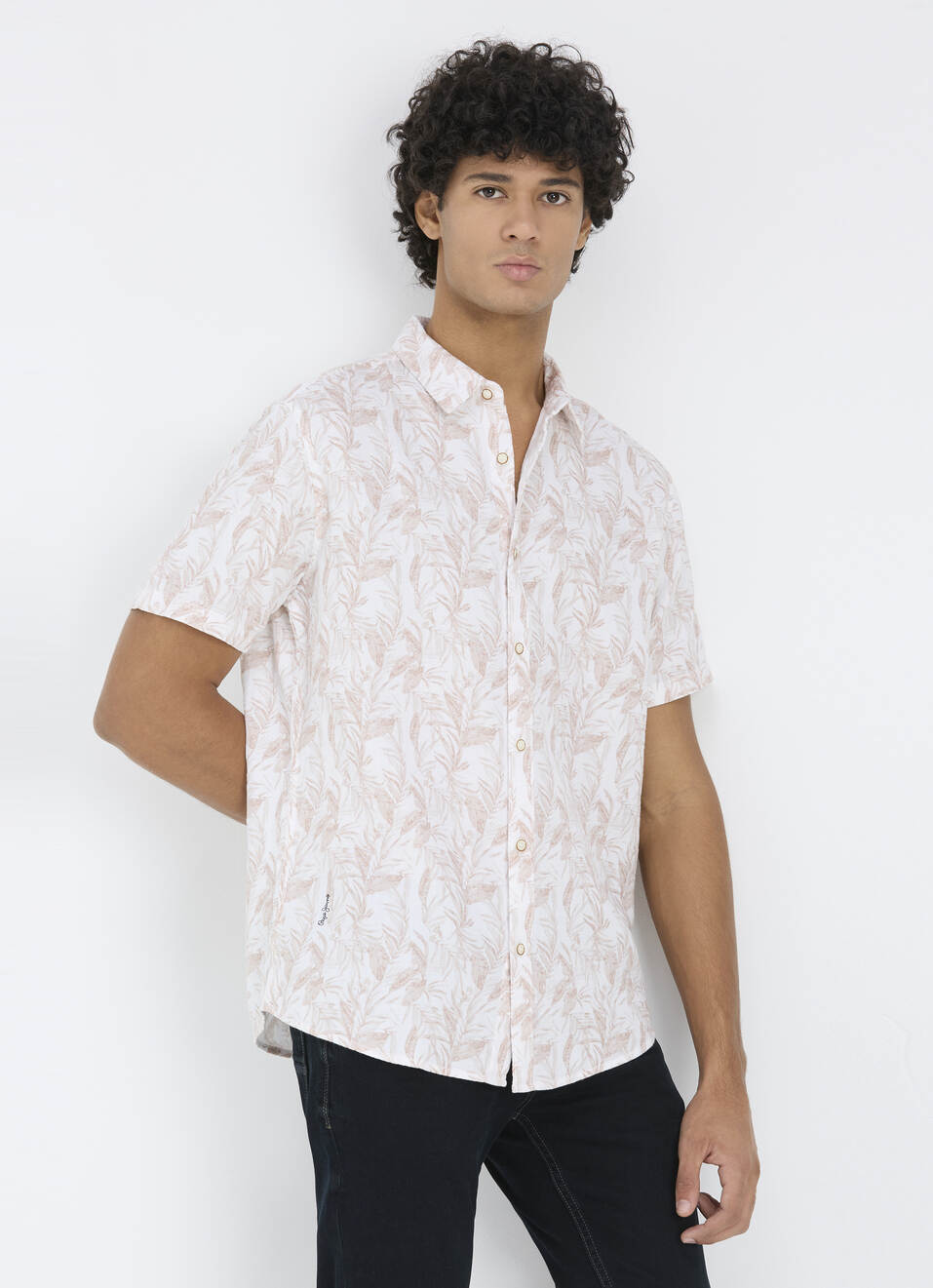 Men Peach Orange Botanical Print Short Sleeve Shirt, , large image number 0