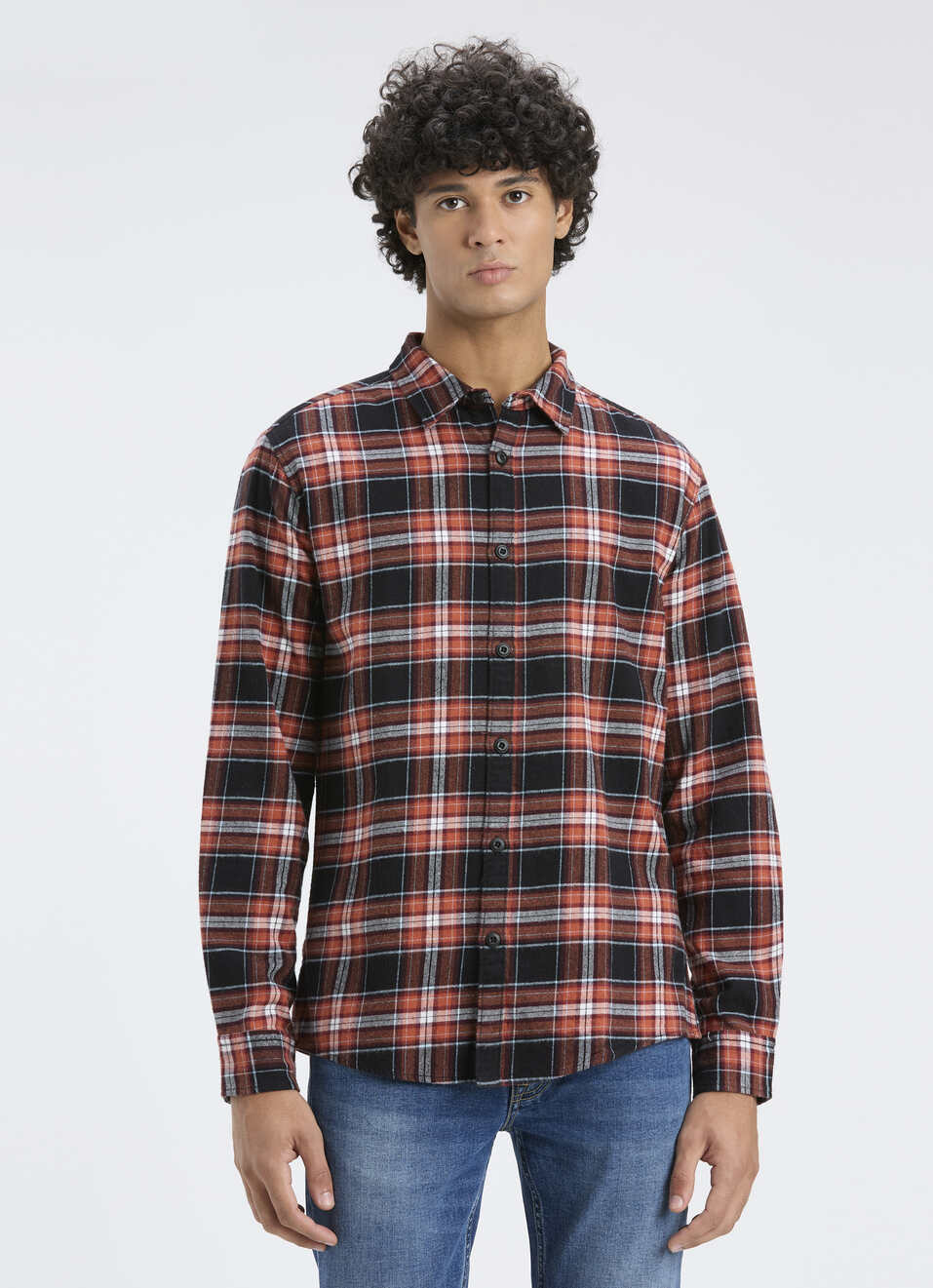 Men Orange & Black Check Full Sleeve Shirt, , large image number 1