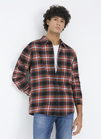 Men Orange & Black Check Full Sleeve Shirt