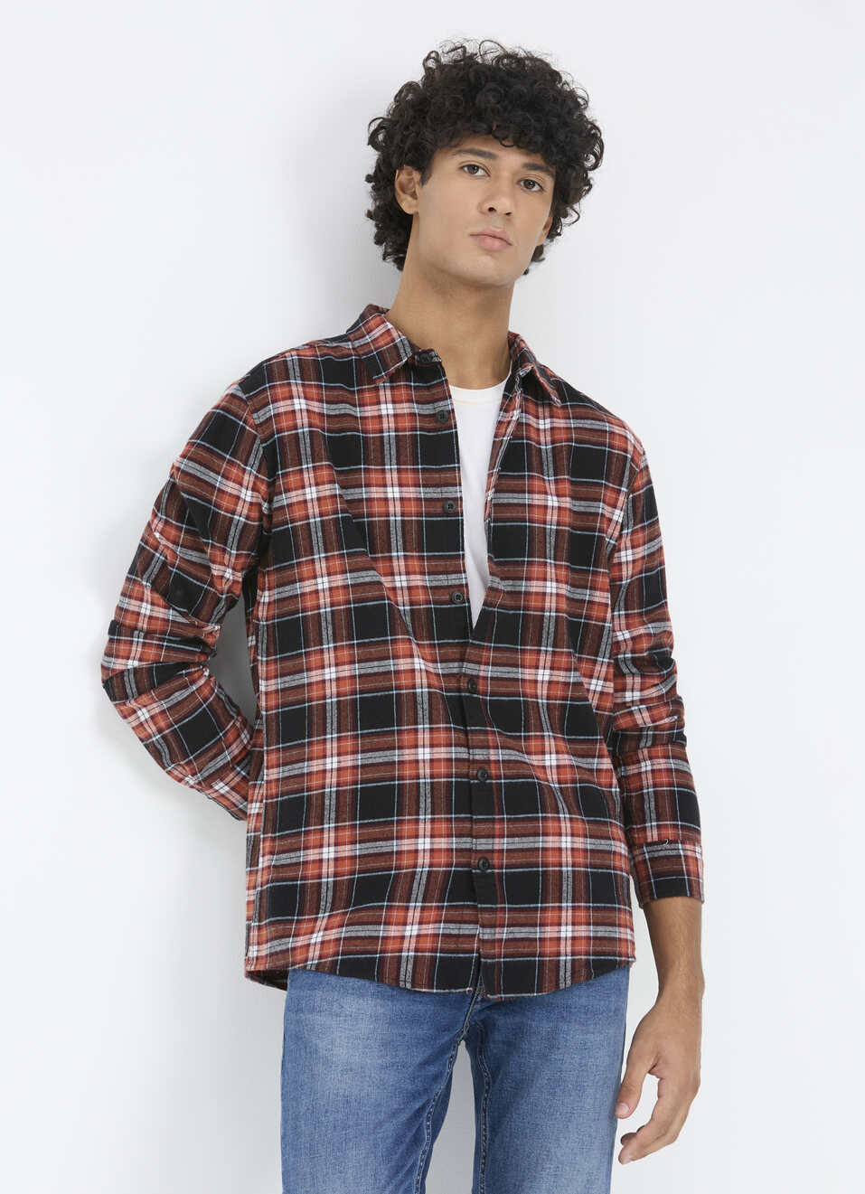 Men Orange & Black Check Full Sleeve Shirt, , large image number 0