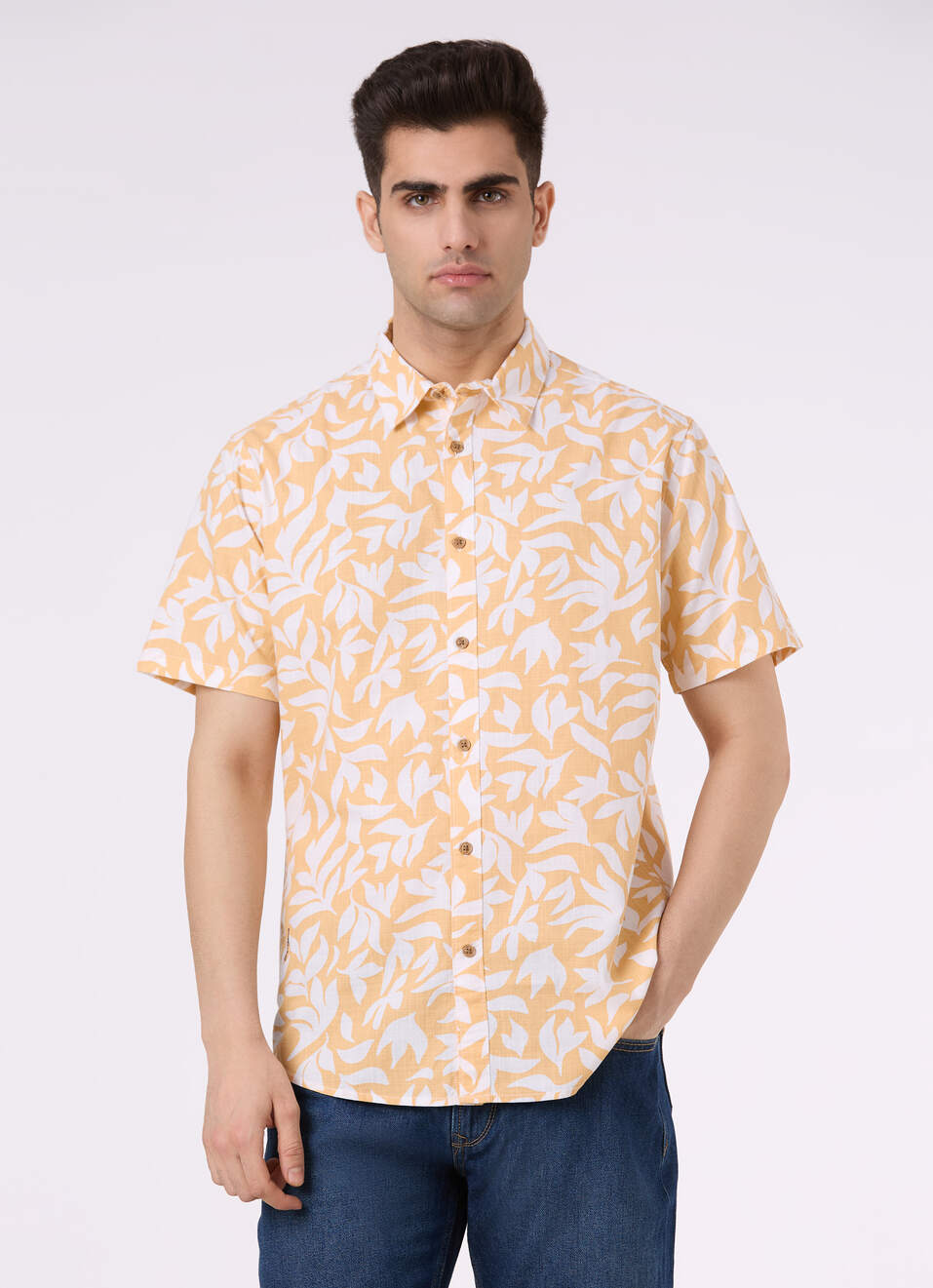 Men Beige Abstract Print Short Sleeve Shirt, , large image number 1