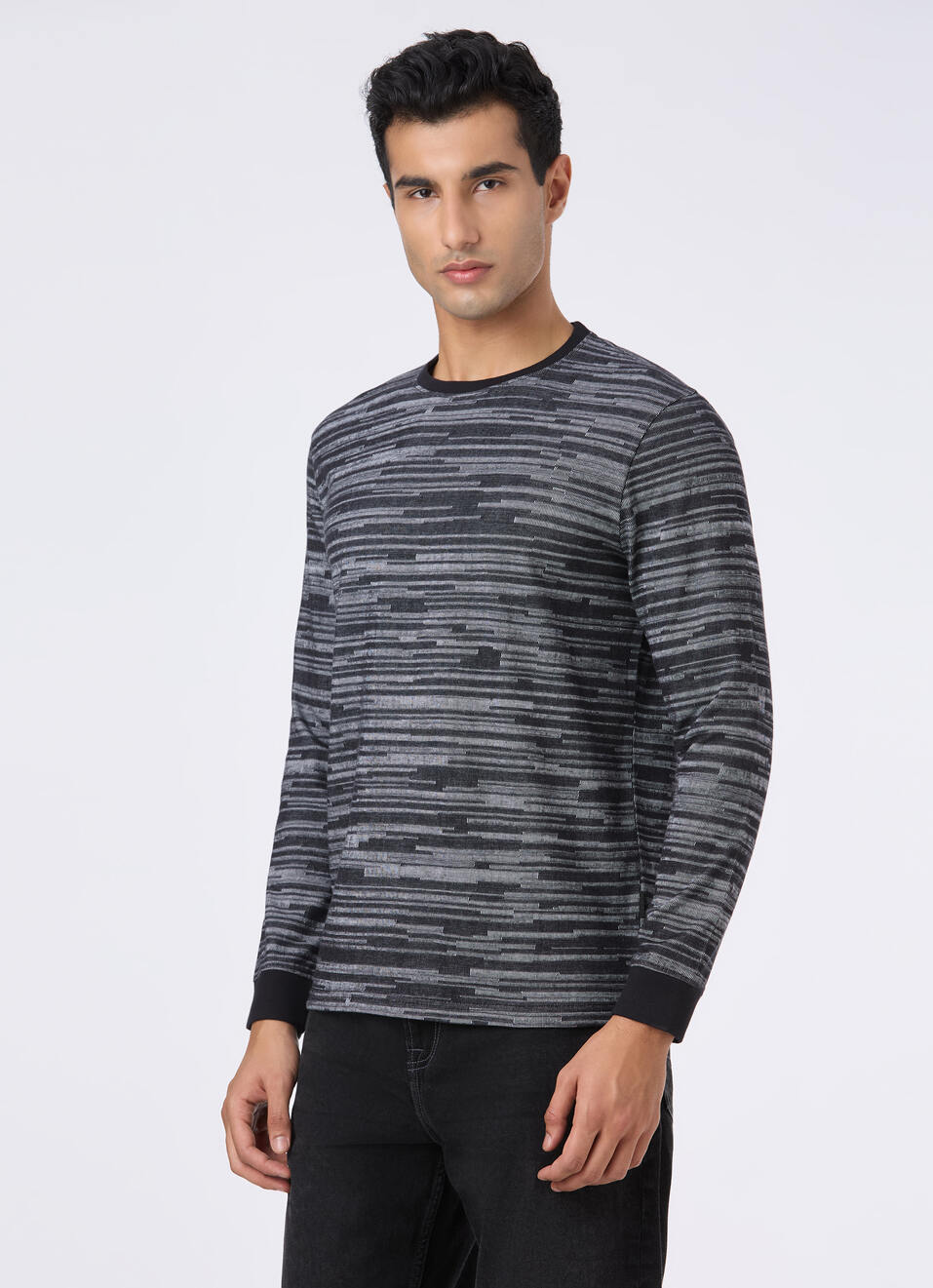 Men Black Jacquard Stripe Slim Fit T-shirt, , large image number 3