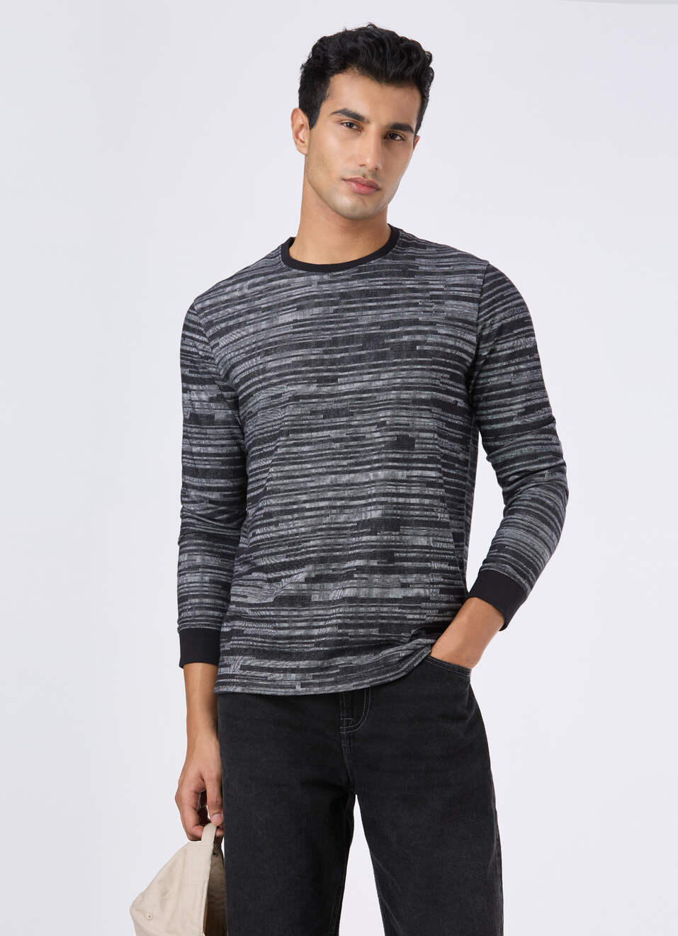 Men Black Jacquard Stripe Slim Fit T-shirt, , large image number 0