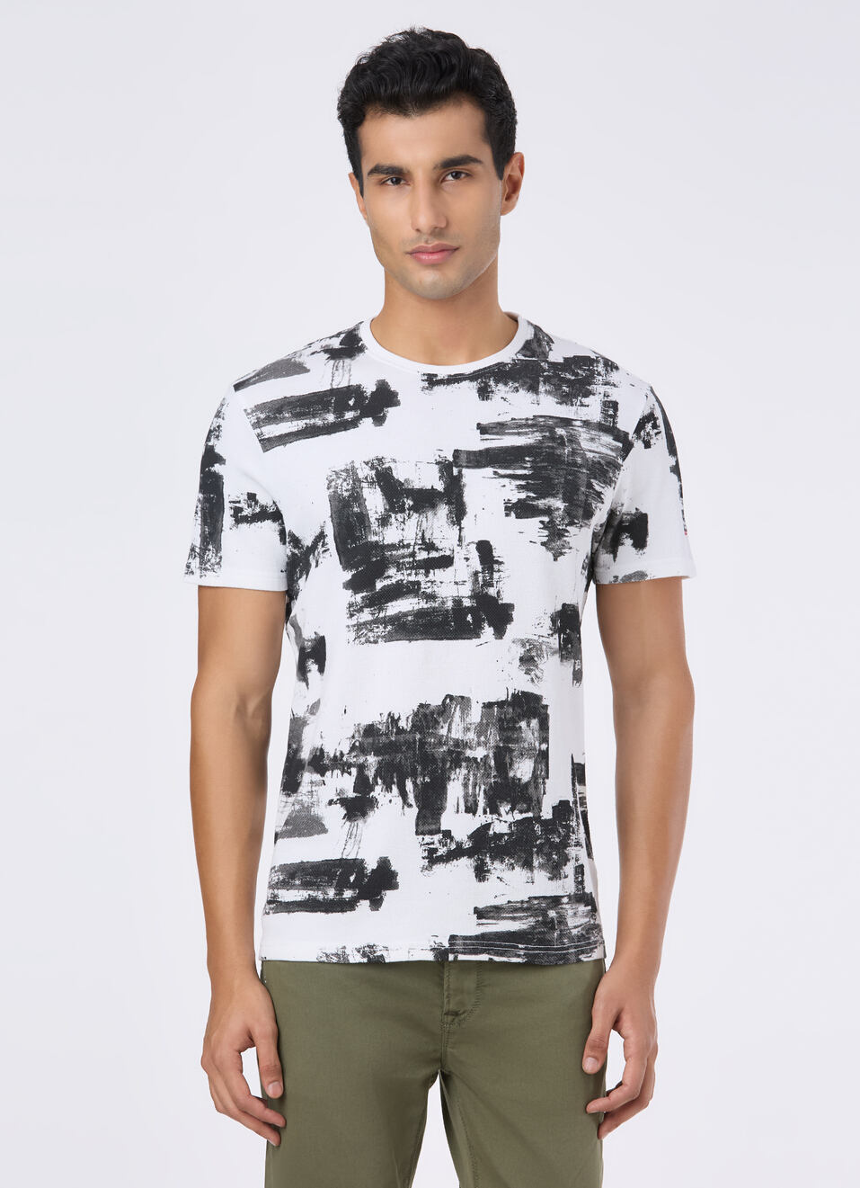Men Black Abstract Print Slim Short Sleeve T-shirt, , large image number 1