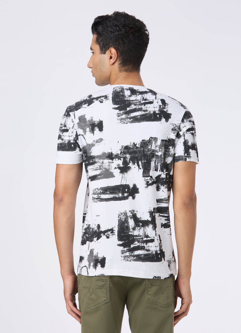 Men Black Abstract Print Slim Short Sleeve T-shirt, , large image number 2