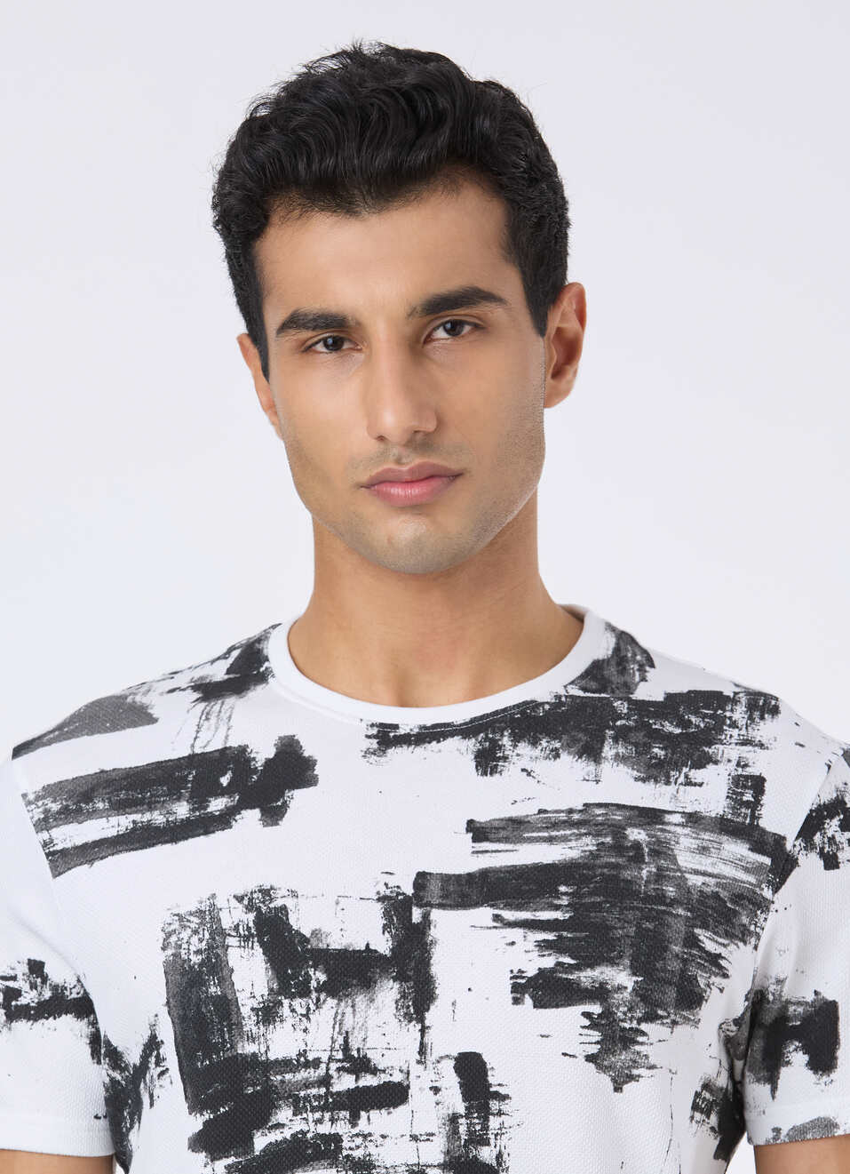Men Black Abstract Print Slim Short Sleeve T-shirt, , large image number 4