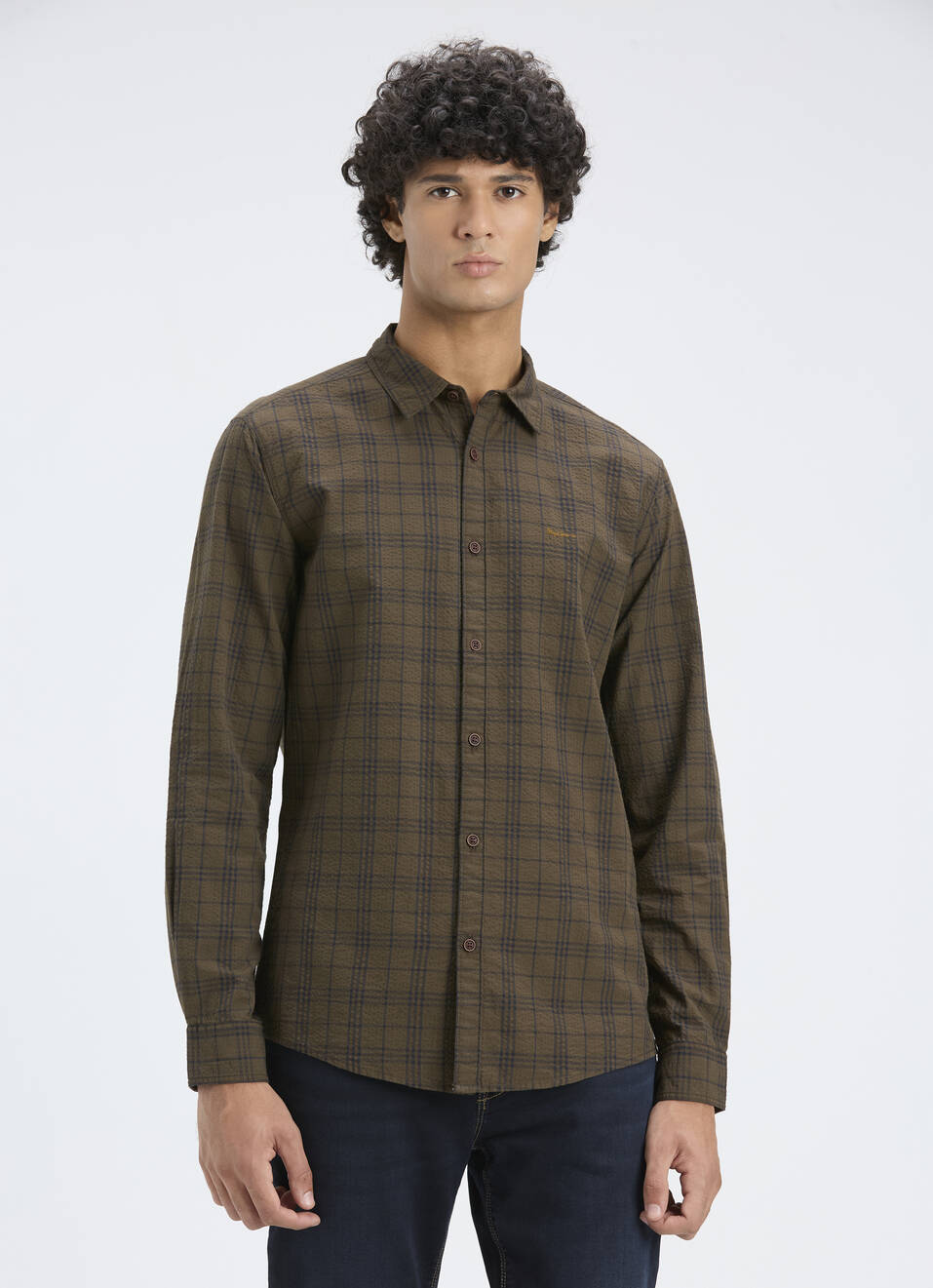 Men Brown Check Regular Fit Full Sleeve Shirt, , large image number 1
