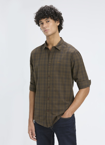 Men Brown Check Regular Fit Full Sleeve Shirt