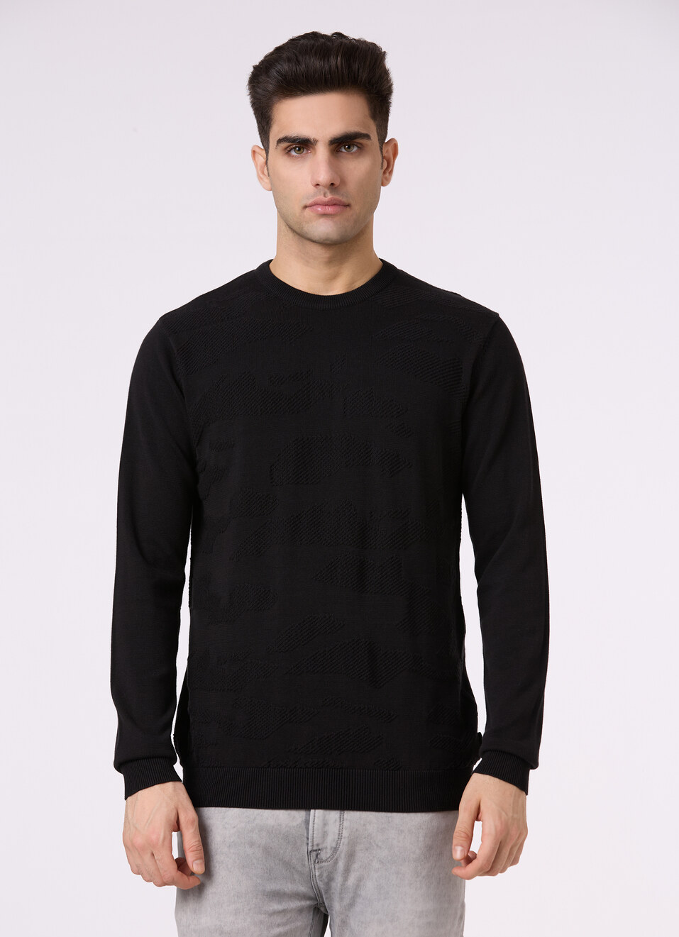 Men Black Self Structure Full Sleeve Flat Knit Sweater, , large image number 1