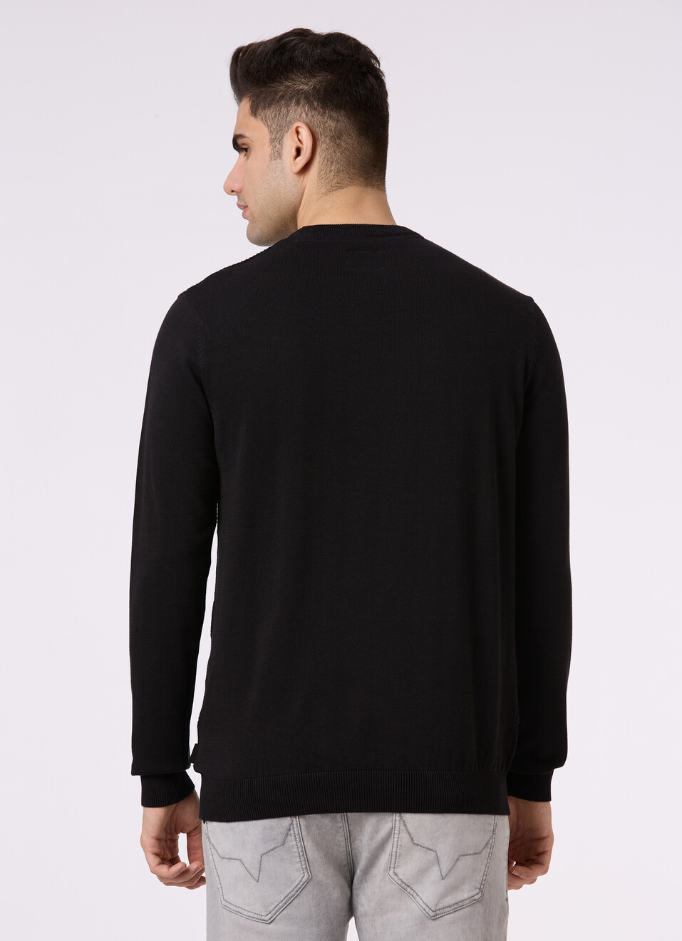 Men Black Self Structure Full Sleeve Flat Knit Sweater, , large image number 2