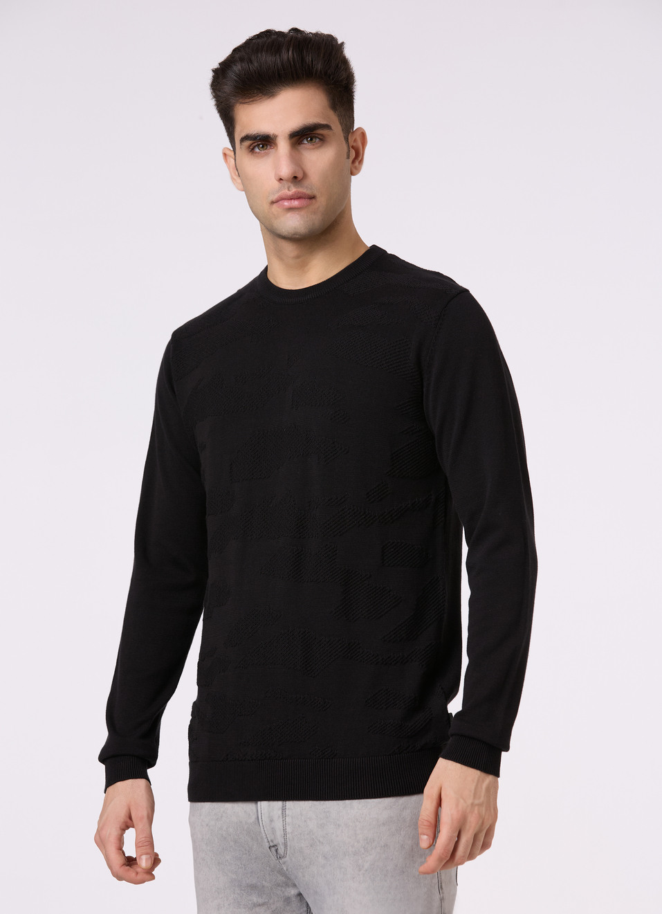 Men Black Self Structure Full Sleeve Flat Knit Sweater, , large image number 3
