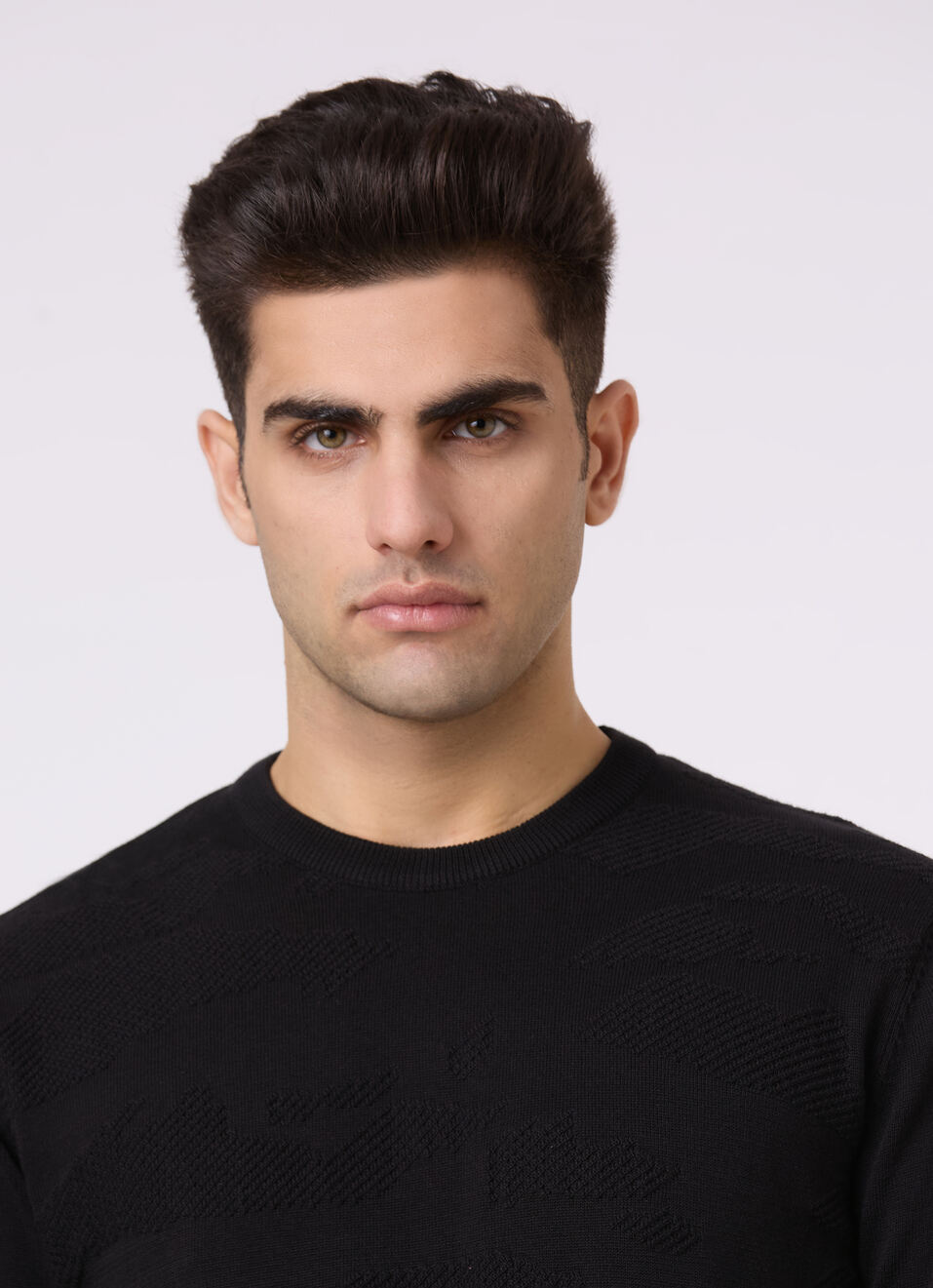 Men Black Self Structure Full Sleeve Flat Knit Sweater, , large image number 4