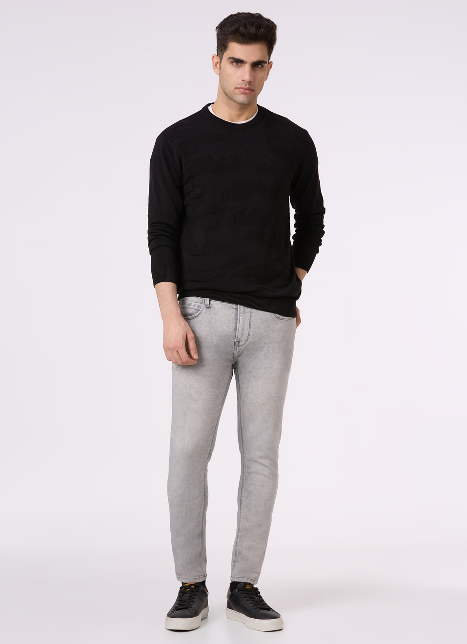 Men Black Self Structure Full Sleeve Flat Knit Sweater, , large image number 5