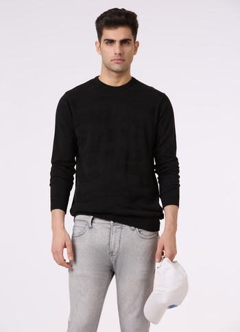 Men Black Self Structure Full Sleeve Flat Knit Sweater