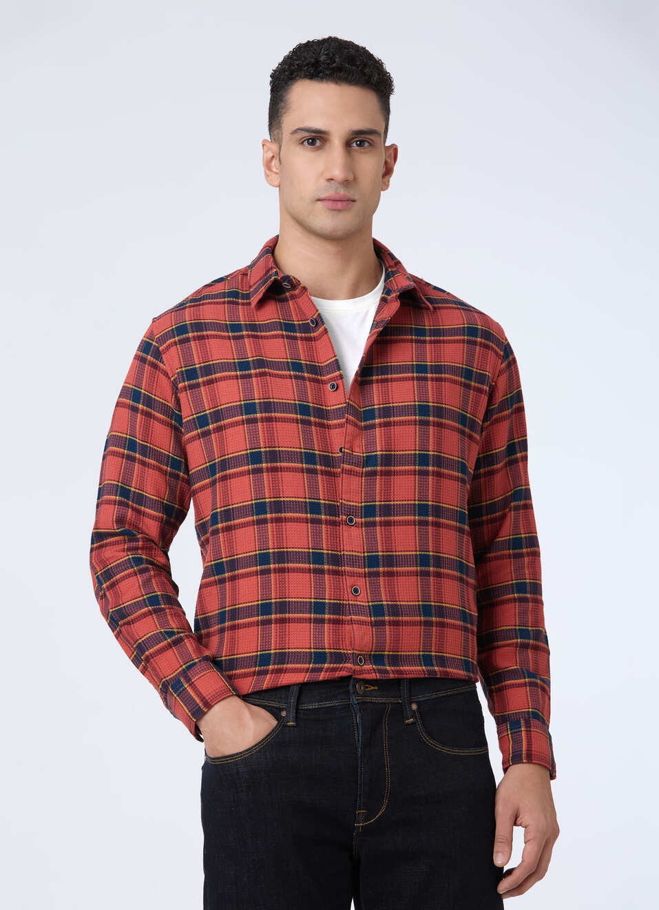 Men Tobacco Brown Check Full Sleeve Shirt, , large image number 0