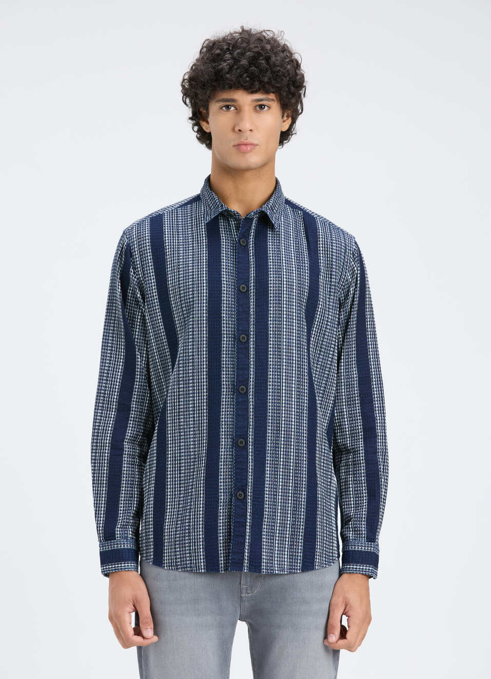 Men Blue Stripe Full Sleeve Shirt, , large image number 1