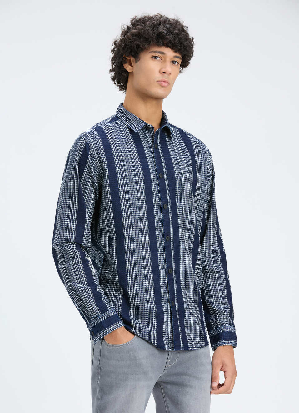 Men Blue Stripe Full Sleeve Shirt, , large image number 3