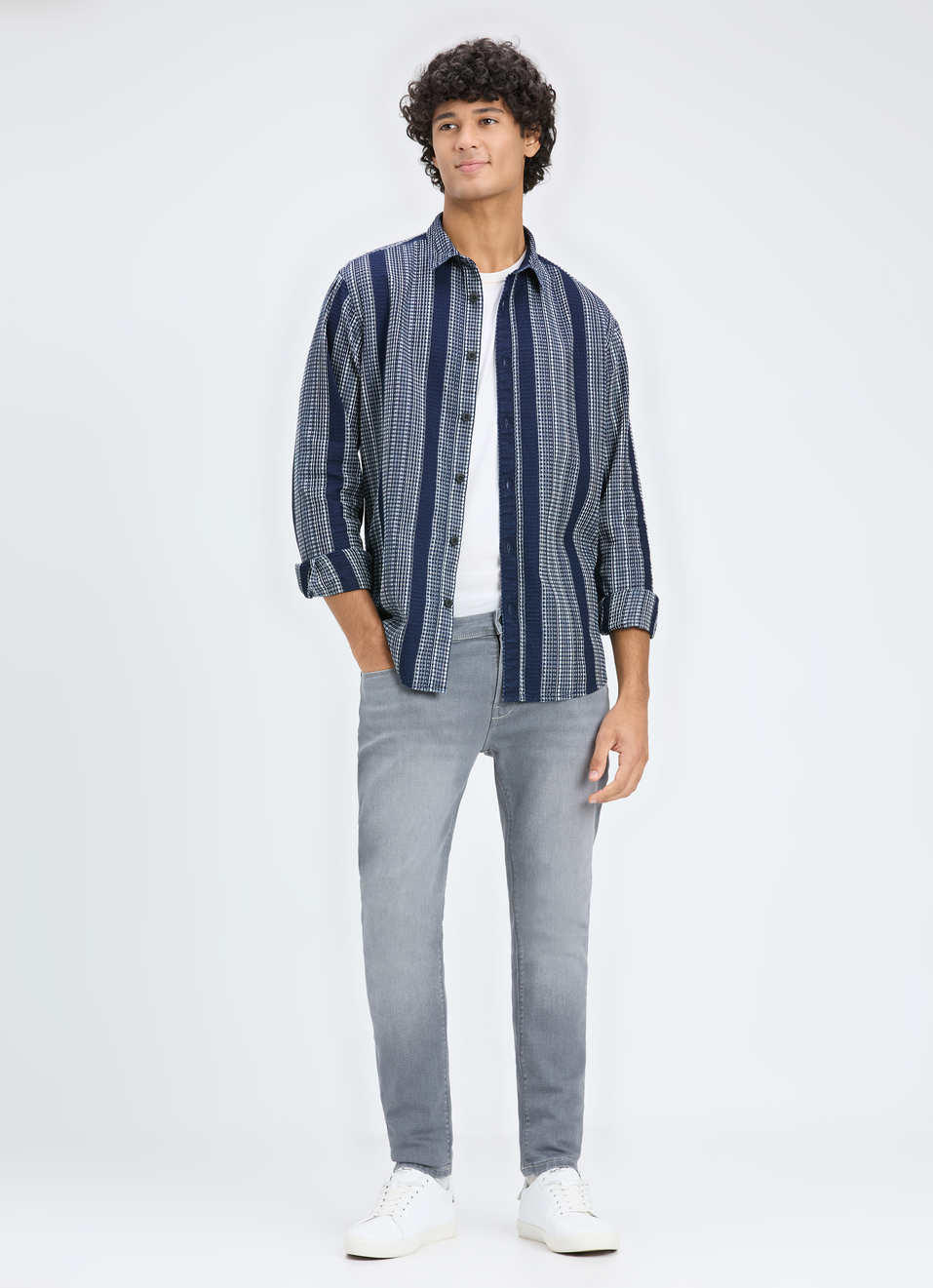 Men Blue Stripe Full Sleeve Shirt, , large image number 5