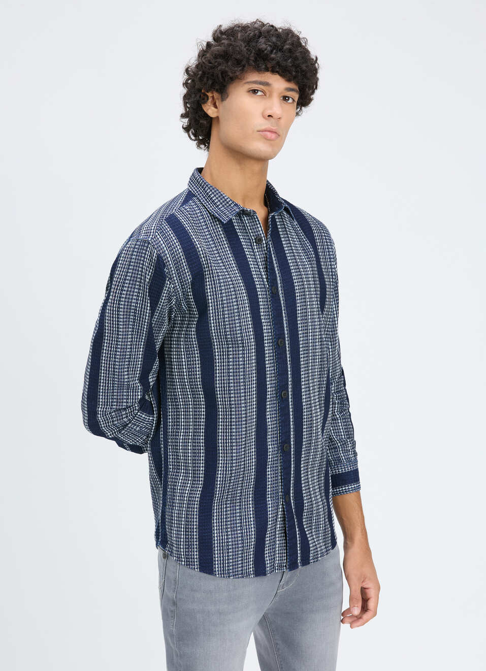 Men Blue Stripe Full Sleeve Shirt, , large image number 0