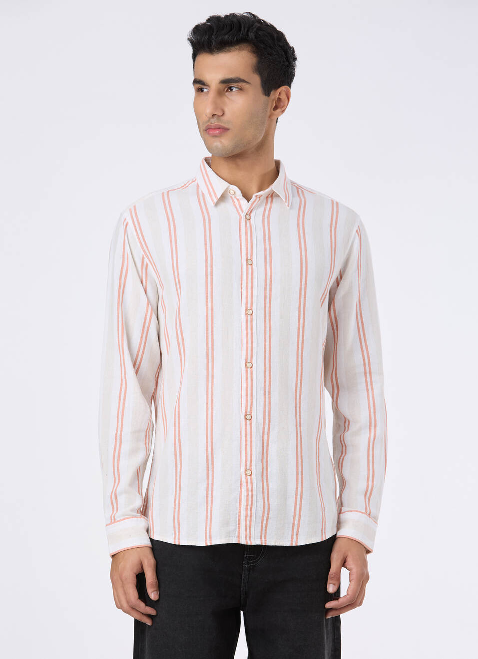 Men Natural Beige Stripe Full Sleeve Shirt, , large image number 1