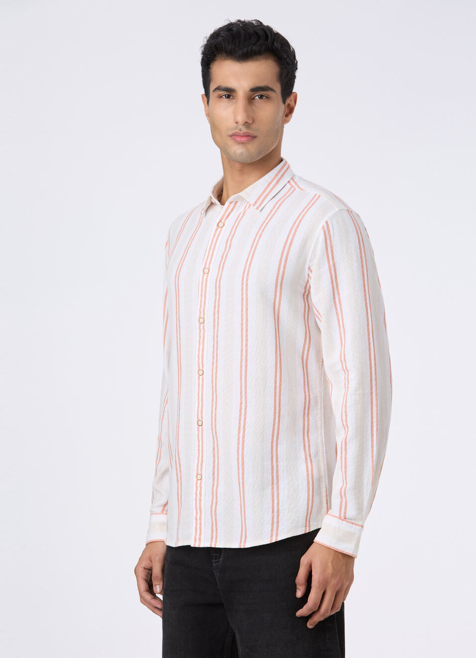 Men Natural Beige Stripe Full Sleeve Shirt, , large image number 3