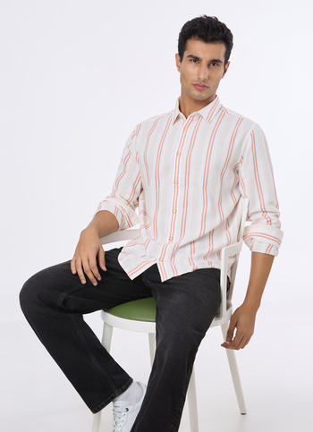 Men Natural Beige Stripe Full Sleeve Shirt