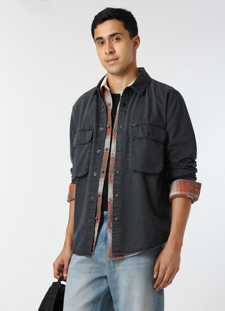 Men Dark Grey Oversized Denim Shacket, , large image number 0